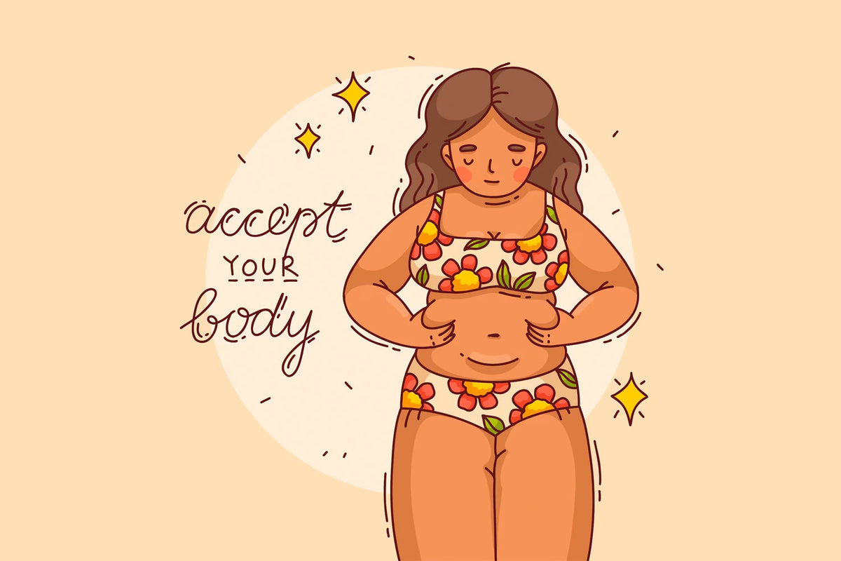 women seeing her body fat with txt on yellow background Accept your body.