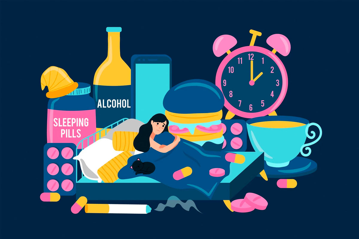 women in bed surrounded by alarm , Alcohol, sleeping pills and junk food.