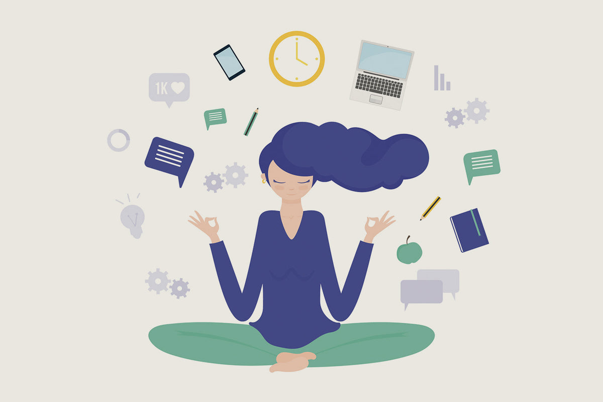 A women giving yoga pose and objects like watch and phone revolving around her.