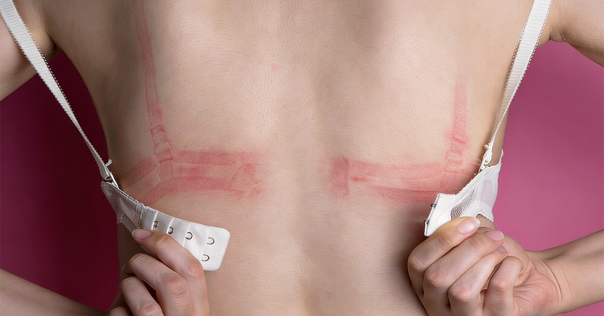 Close-up of red bra strap and band marks on a woman's back, highlighting skin irritation and discomfort caused by traditional bras.