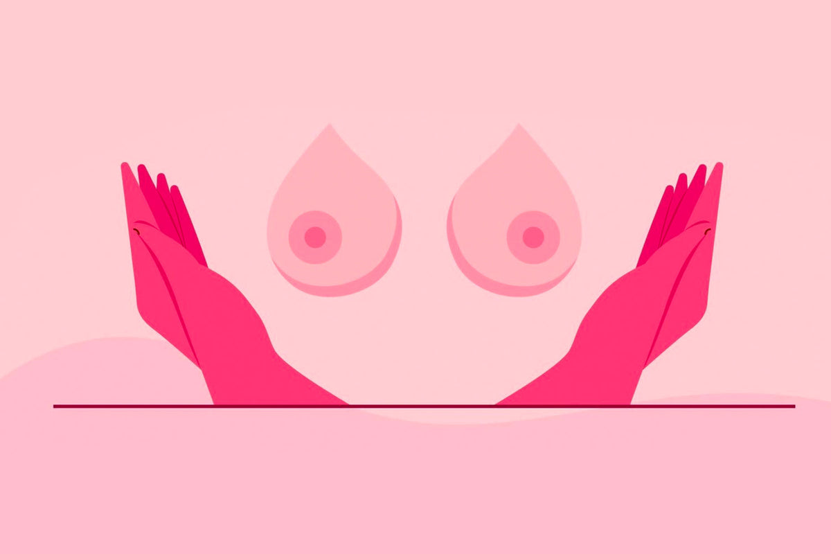 Pink hands surrounding breasts in the form of drops