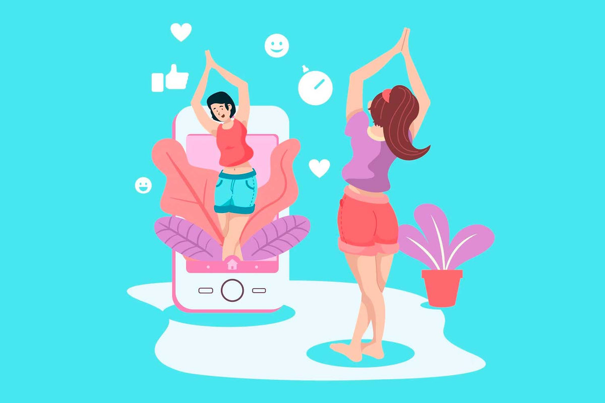 a women standing and doing yoga pose in blue background.