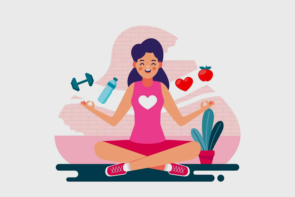 women being happy and surrounded by dumbles ,water and fruits
