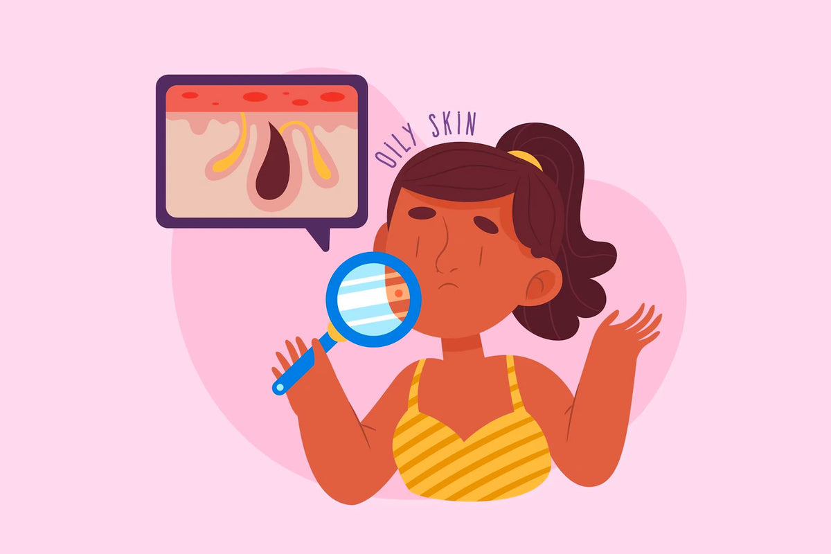 A girl with glasses looking for acne in pink background