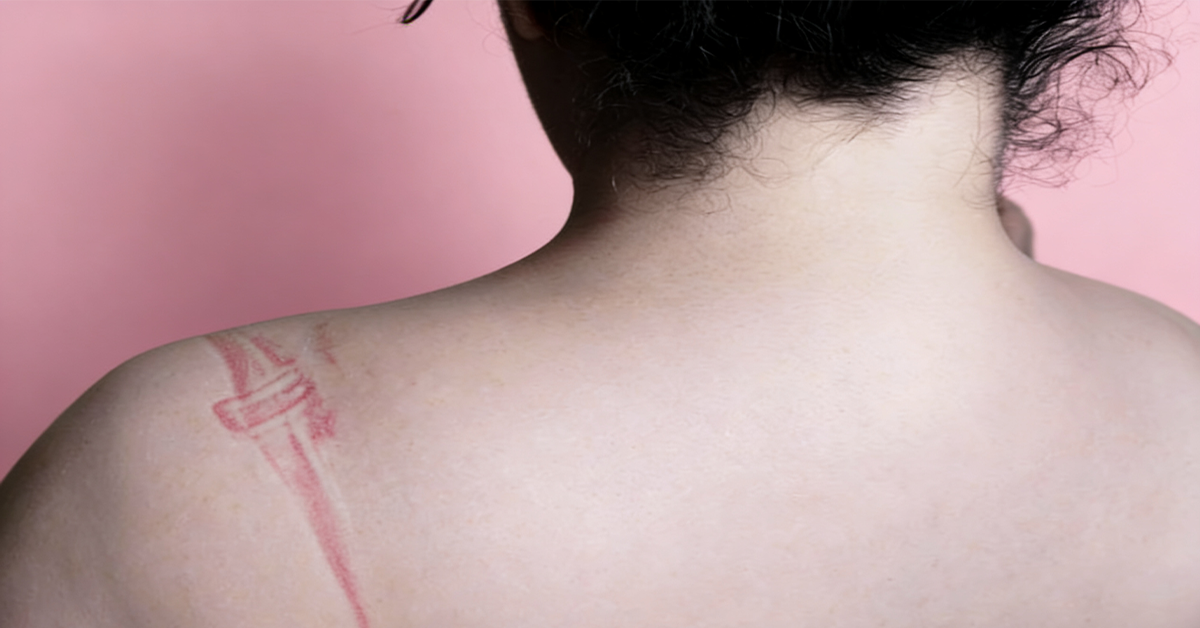 Close-up of shoulder showing red bra strap marks, highlighting discomfort and pressure caused by traditional bra straps.