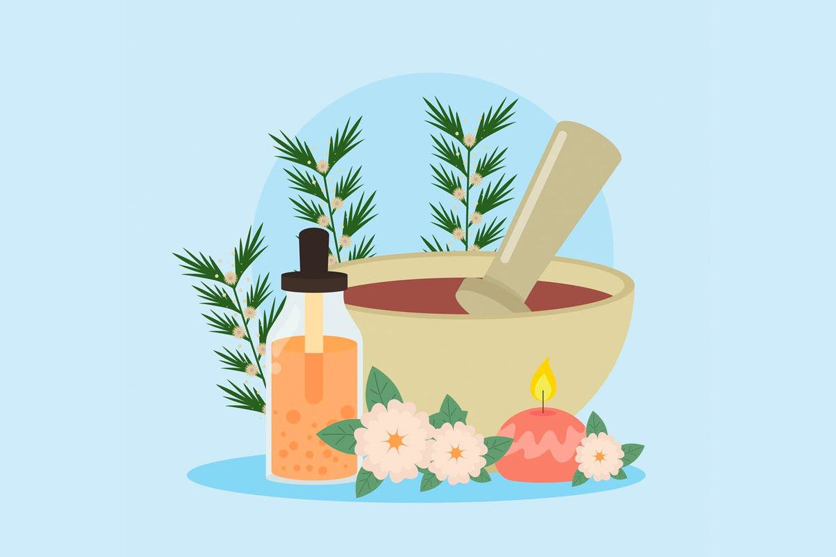 Oil and herbs with blue background.