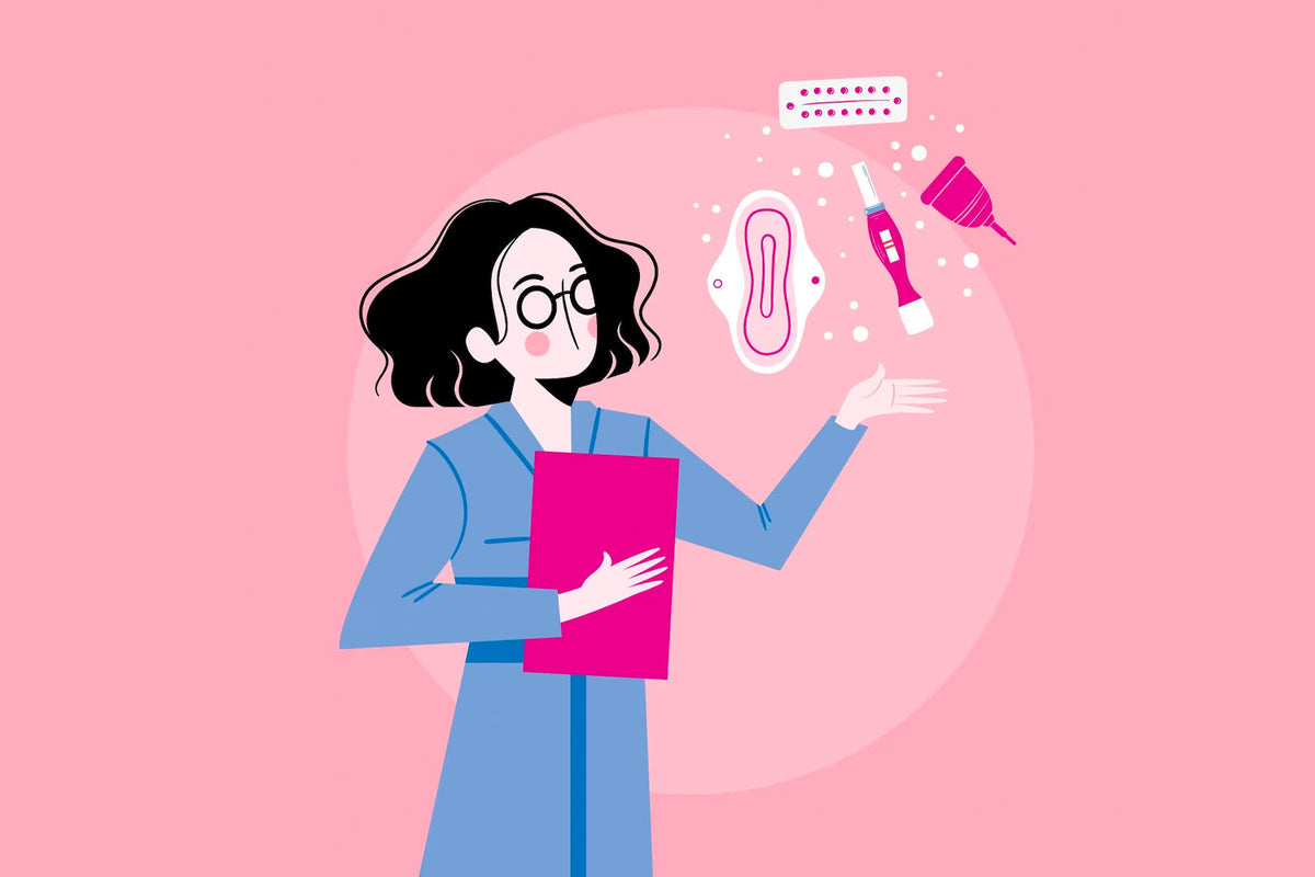 women with specs touching pads and menstrual cups