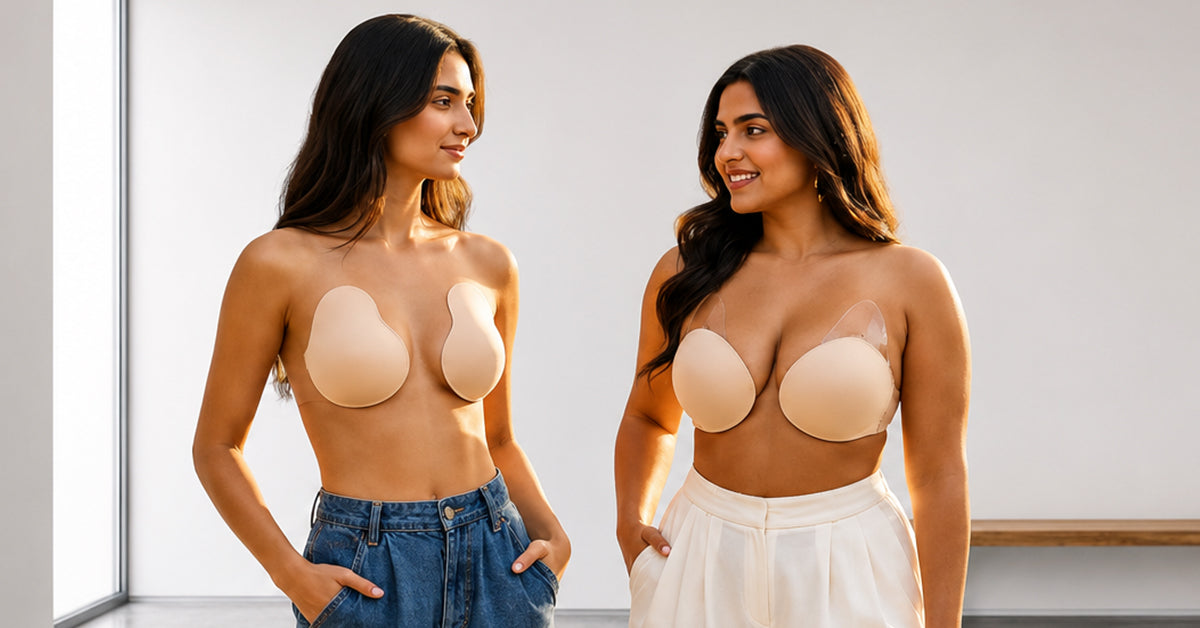Two women wearing nude reusable breast cups in different sizes (C-D and DD-E), showcasing seamless, invisible coverage under strapless and backless outfits.