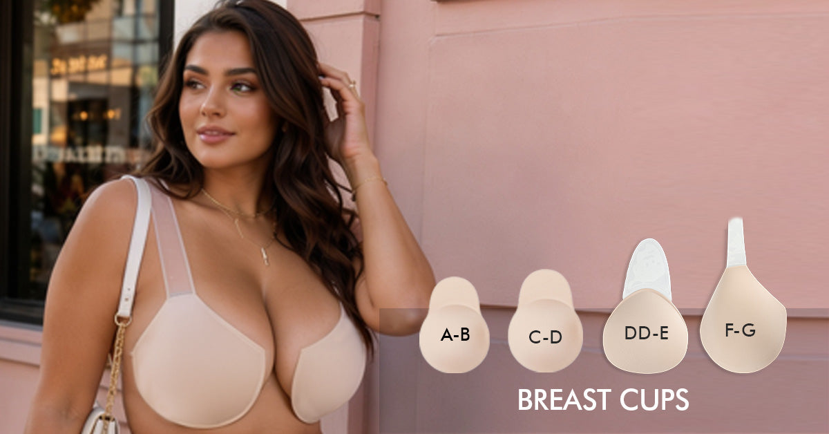 Woman wearing nude adhesive breast cups with a deep-neck outfit, alongside a size guide showing breast cup options from A-B to F-G.
