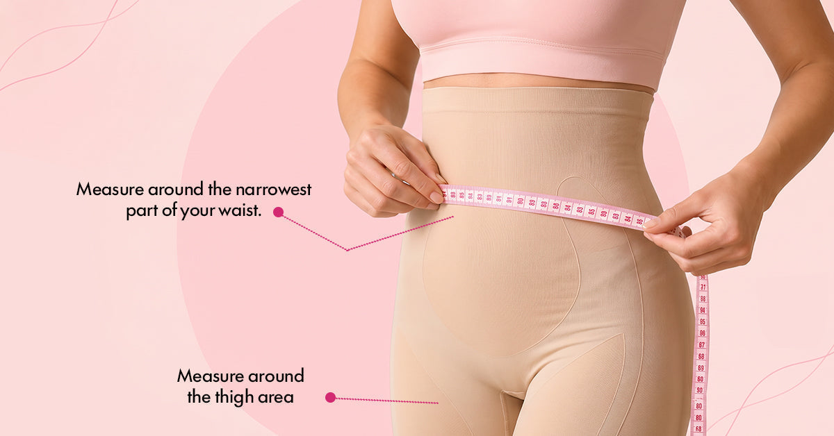 Woman measuring her waist while wearing nude high-waist shapewear shorts, illustrating how to choose the correct shapewear size using waist and hip measurements.