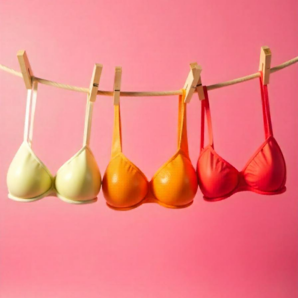 Multi colour bras hanging at a pink background