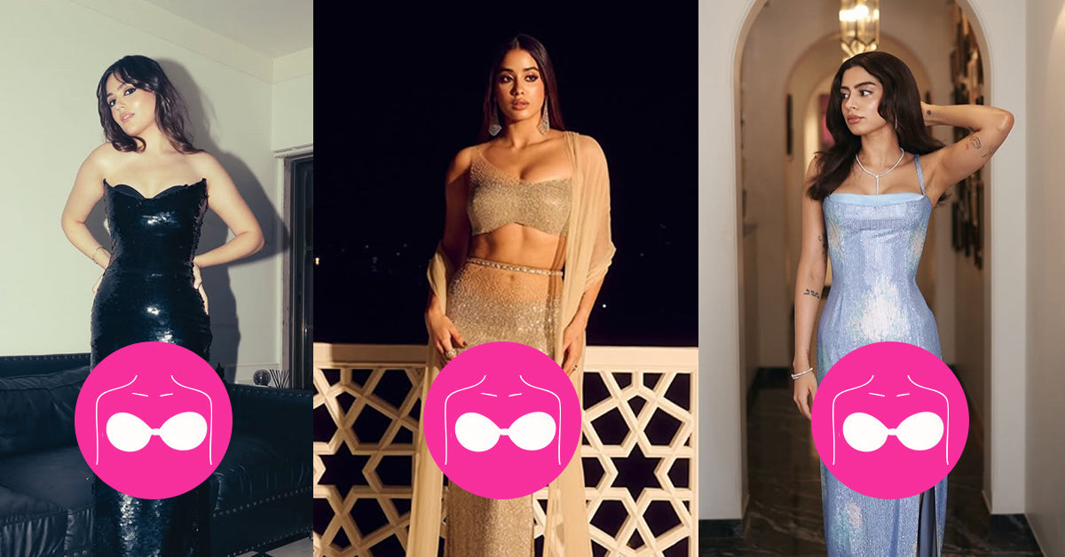 Three women showcasing evening outfits styled with invisible adhesive bra solutions, ideal for strapless, plunging, and fitted partywear without visible bra lines.